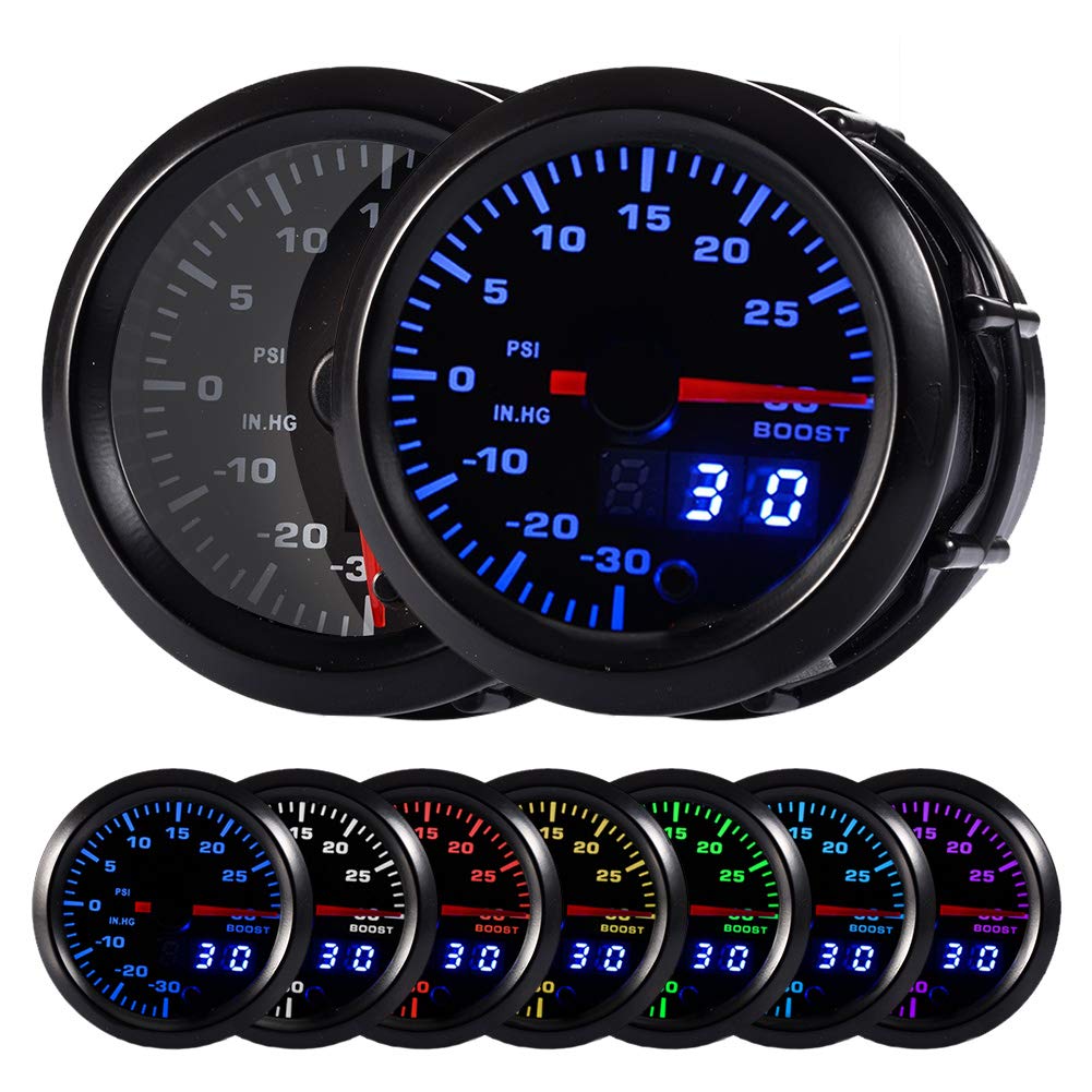 HOTSYSTEM 7 Color Turbo Boost/Vacuum Gauge Kit Pointer & LED Digital Readouts 2-1/16" 52mm Black Dial for Car Truck(Bar)